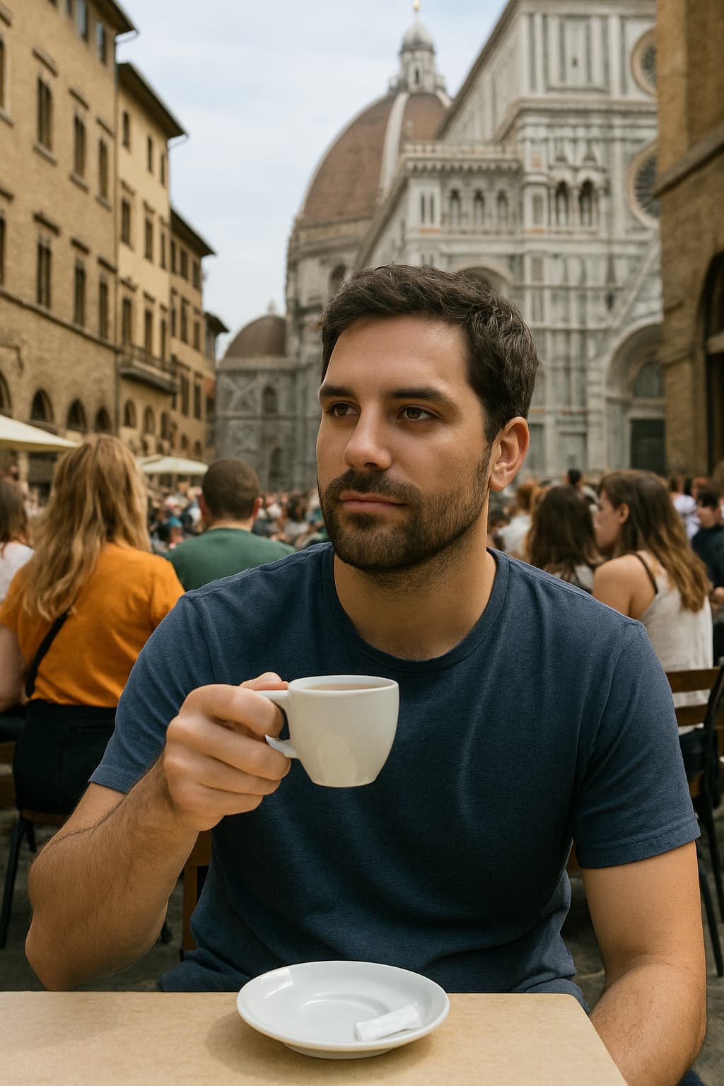 Nella foto sono seduto in un accogliente caffè a un tavolo di legno, mentre sorseggio un caffè profumato da una tazza bianca.
